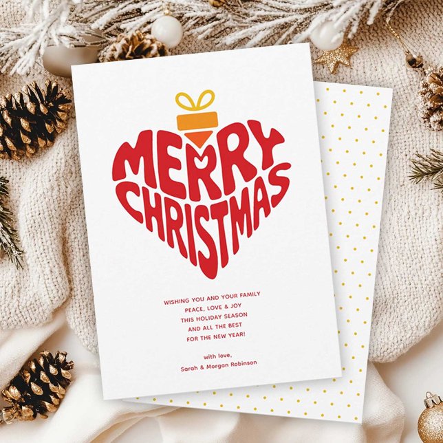 Cartes Pour Fêtes Annuelles Retro Modern Heart Merry Christmas Love (White holiday greeting with a red heart-shaped Merry Christmas design, yellow present icon)