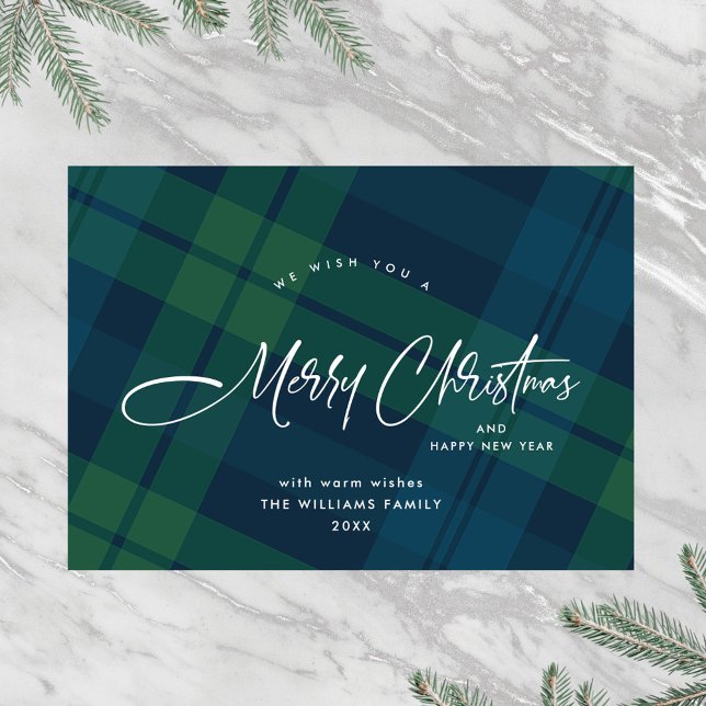 Cartes Pour Fêtes Annuelles Rétro Noël Plaid Vert Bleu Salutation (Créateur téléchargé)