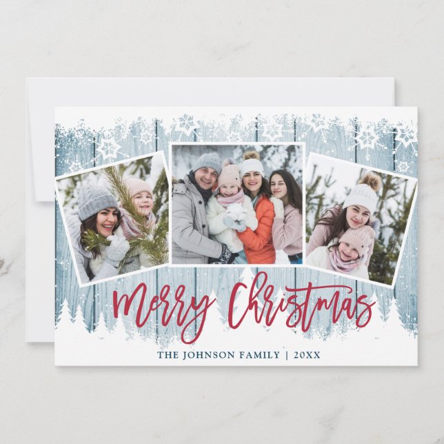 Cartes Pour Fêtes Annuelles Retro Noël Rustic Blue Wood 3 PHOTO Salutation (Devant)