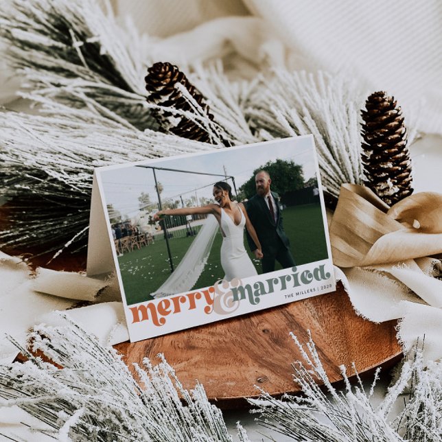 Cartes Pour Fêtes Annuelles Retro Nouveau Photo Noël (Retro Newlywed Photo Christmas Card)