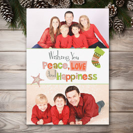 Cartes Pour Fêtes Annuelles Retro Peace Love Double Photo Christmas Flat Card