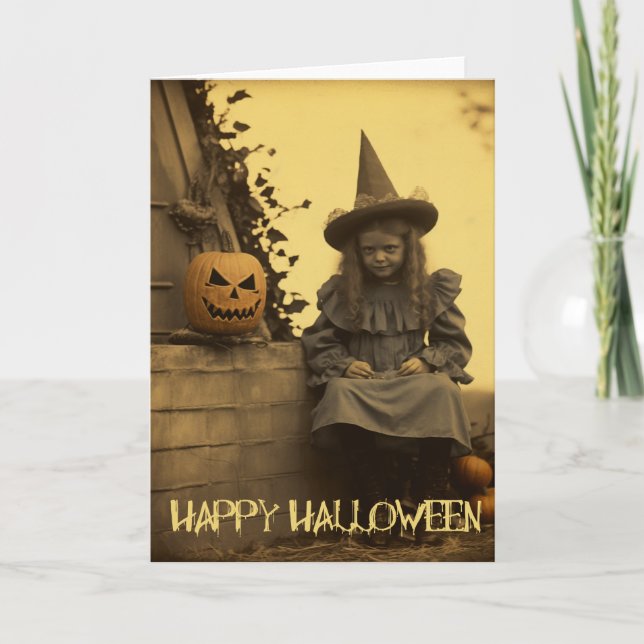 Cartes Pour Fêtes Annuelles Retro Photographie éffrayant Halloween fille dépla (Devant)