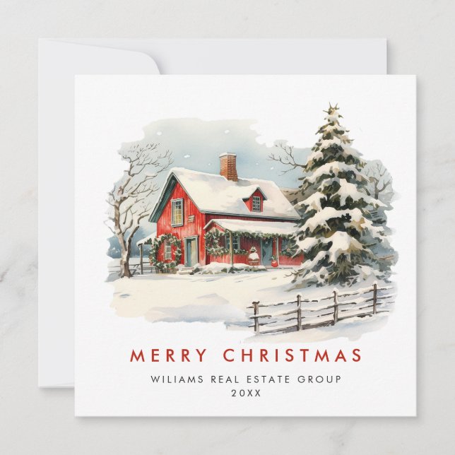 Cartes Pour Fêtes Annuelles Retro Red Farm Grange Noël Entreprise (Devant)