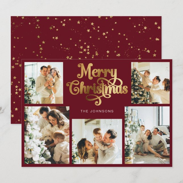 Cartes Pour Fêtes Annuelles Retro Red Faux Gold Joyeux Noël Famille Photo (Devant / Derrière)