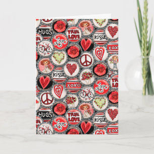Cartes Pour Fêtes Annuelles Retro Red Floral Hearts Bouteille Casquette Saint 