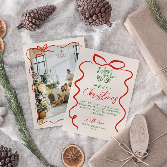 Cartes Pour Fêtes Annuelles Retro Rouge vert main dessinée Photo écrite Noël (Créateur téléchargé)