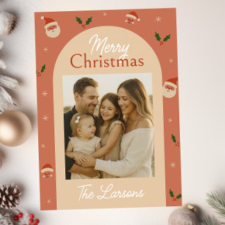 Cartes Pour Fêtes Annuelles Retro Santa & Holly Arch Christmas Card