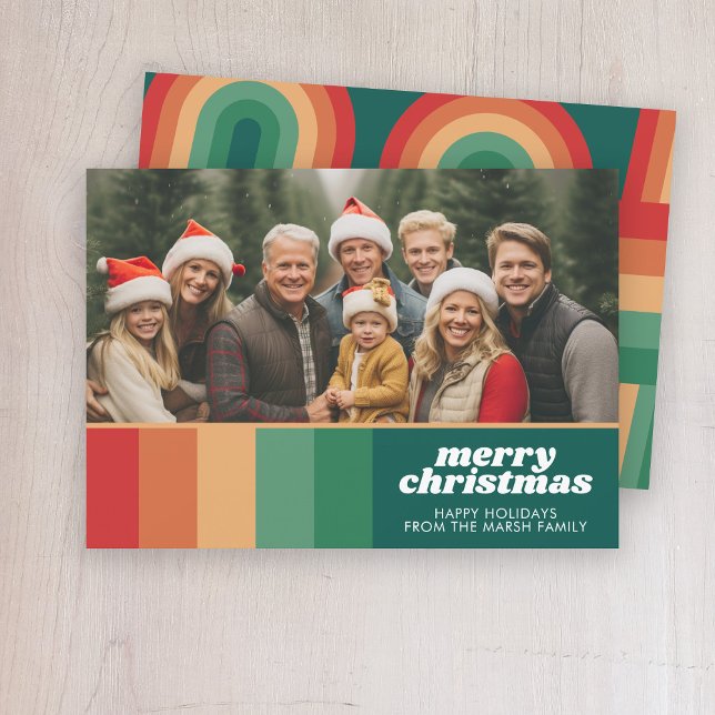 Cartes Pour Fêtes Annuelles Retro Stripes - Photo - Joyeux Noël Line Art (Retro Curvy Line art Christmas card - shades of red, orange and green)
