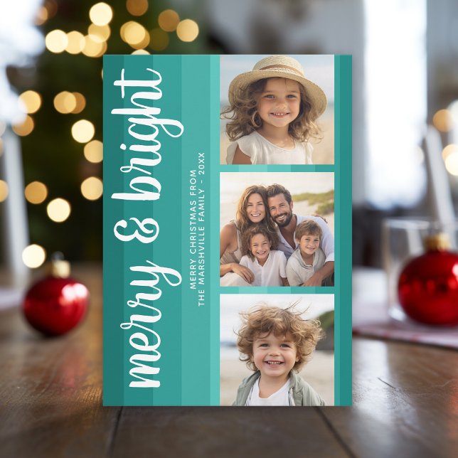 Cartes Pour Fêtes Annuelles Retro Stripes - Turquoise - 3 Photos - joyeux lumi (Retro Stripes with 3 photos - online Christmas card in teal shades - print and download options)