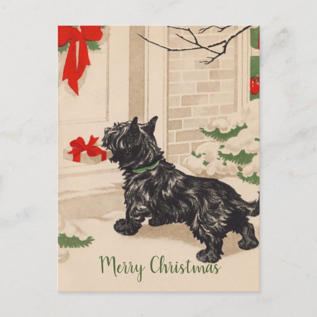 Cartes Pour Fêtes Annuelles Retro Terrier livre un cadeau de Noël (Devant)