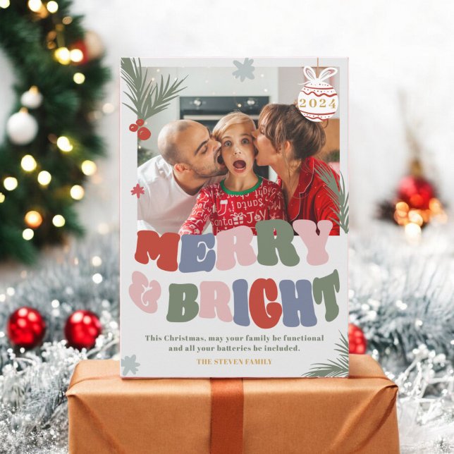 Cartes Pour Fêtes Annuelles Retro Trendy Fun Merry & Bright Christmas photo (Retro Trendy Fun Merry & Bright Christmas photo Holiday Card)