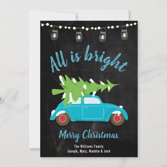 Cartes Pour Fêtes Annuelles Retro Turquoise Car Tree & Lights Tout est lumineu (Devant)