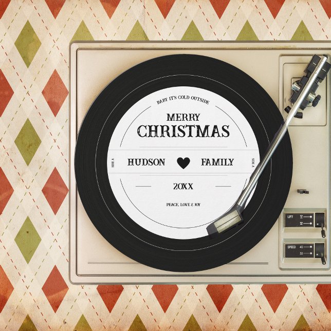Cartes Pour Fêtes Annuelles Retro Vinyl Record Noël unique (Unique Vinyl Record Retro Christmas Card - no photo, simple black & white, funny, whimsical)