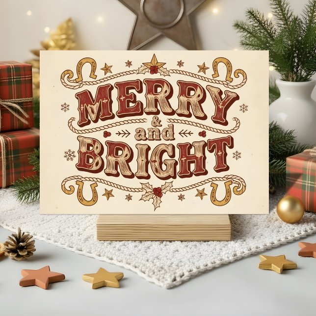 Cartes Pour Fêtes Annuelles Retro Western Merry and Bright Christmas (Créateur téléchargé)