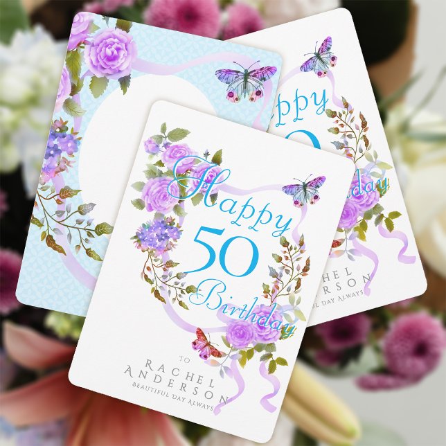 Cartes Pour Fêtes Annuelles Ribbon Rose violet Anniversaire (Chic Romantic Purple Rose Ribbon Happy Birthday Card.)