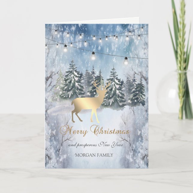 Cartes Pour Fêtes Annuelles Rindeer d'or, Forêt, Lumières à cordes Paysage (Devant)