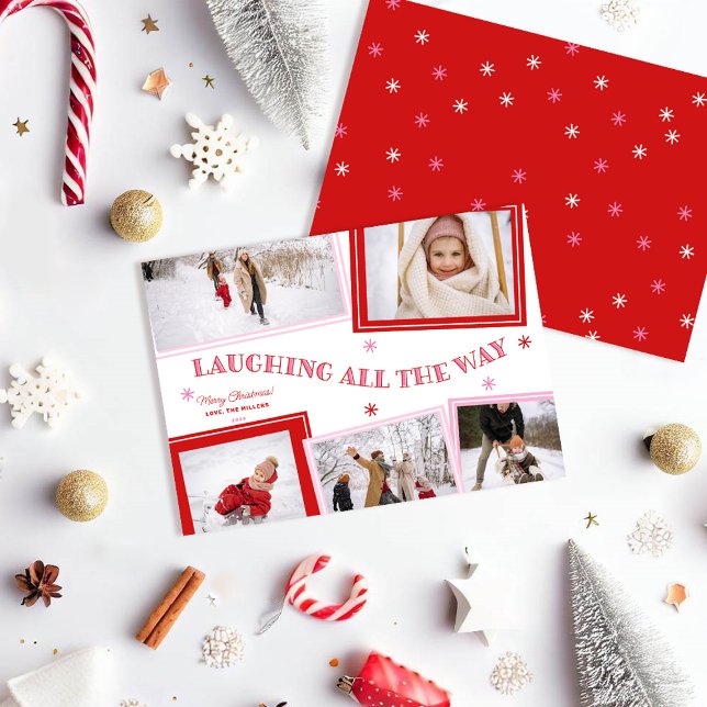 Cartes Pour Fêtes Annuelles Rire tout le long amusant collage photo Noël (Laughing all the way fun festive 5 photo collage holiday card. Red, white and pink.)