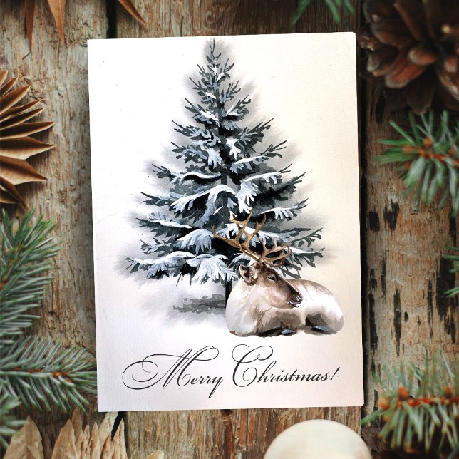 Cartes Pour Fêtes Annuelles Robe Rustique D'Aquarelle En Neige Personnalisé No (Rustic Watercolor Deer In Snow Custom Christmas Holiday Card)