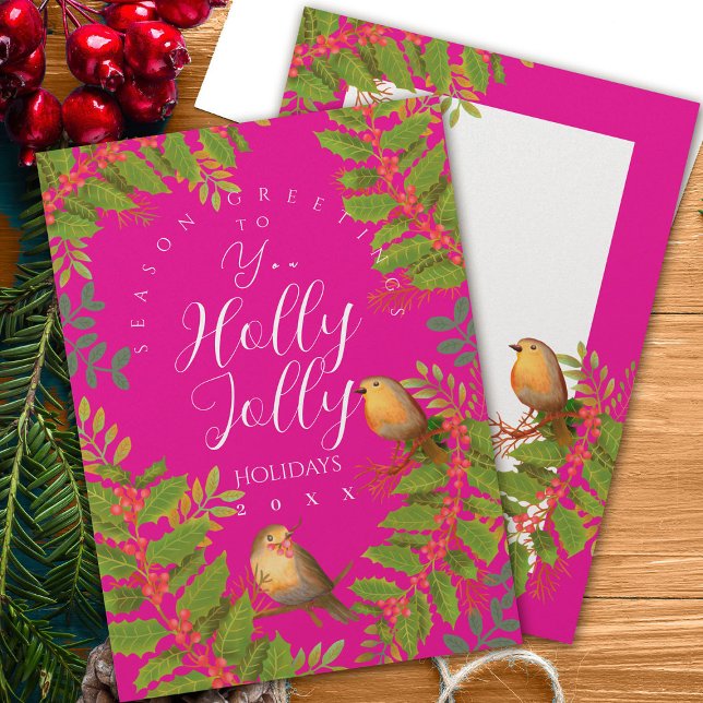Cartes Pour Fêtes Annuelles Robin Birds Holly Berry Hot Rose (Robin Birds Holly Berry Design.)