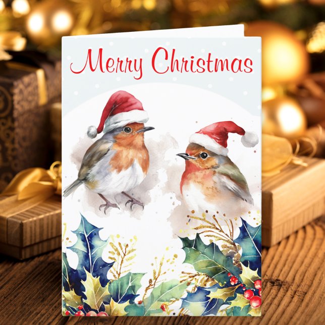 Cartes Pour Fêtes Annuelles Robins hiver Neige Holly Joyeux Noël (A traditional Christmas card in nostalgic style, with two winter robins in the snow with holly)