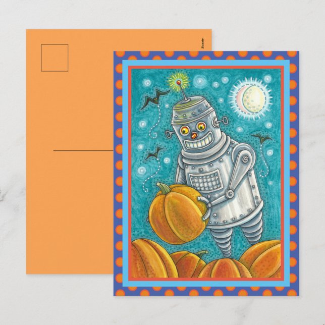 CARTES POUR FÊTES ANNUELLES ROBOT PICER CITROUILLES, HALLOWEEN HOMME MÉCANIQUE (Devant / Derrière)