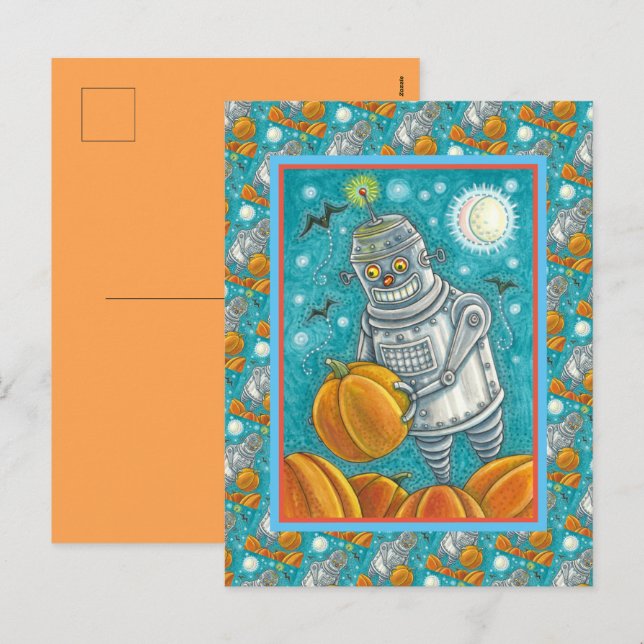 CARTES POUR FÊTES ANNUELLES ROBOT PICER CITROUILLES, HALLOWEEN HOMME MÉCANIQUE (Devant / Derrière)