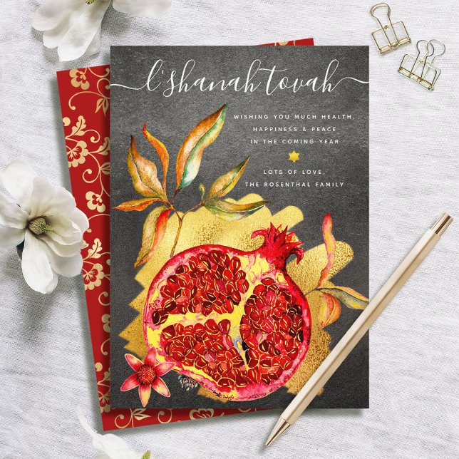 Cartes Pour Fêtes Annuelles Roch Hachana Grenade Aquarelle Rouge Or Gris (Créateur téléchargé)