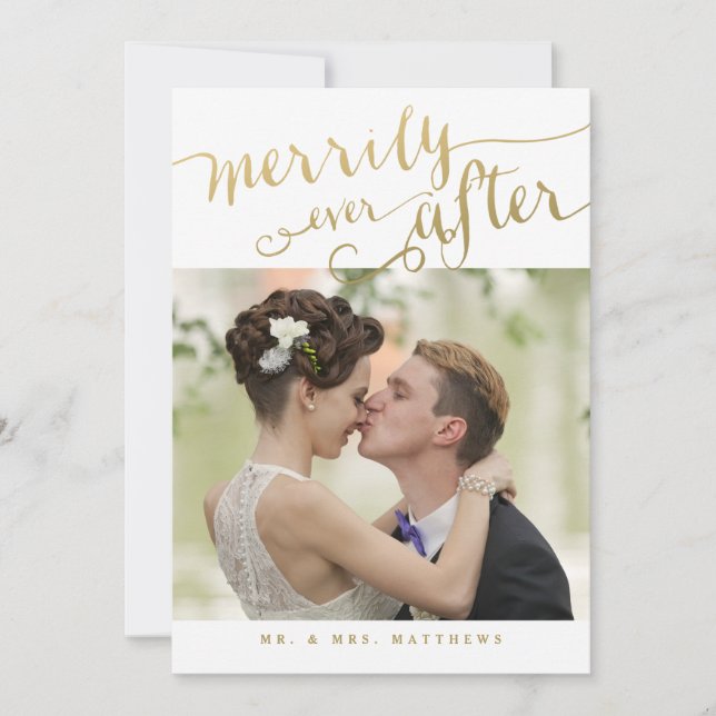 Cartes Pour Fêtes Annuelles Romantic Newlyweds Gold Script Photo de vacances (Devant)