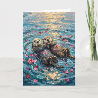 Cartes Pour Fêtes Annuelles Romantic Sea Otters Holding Hands While Swimming