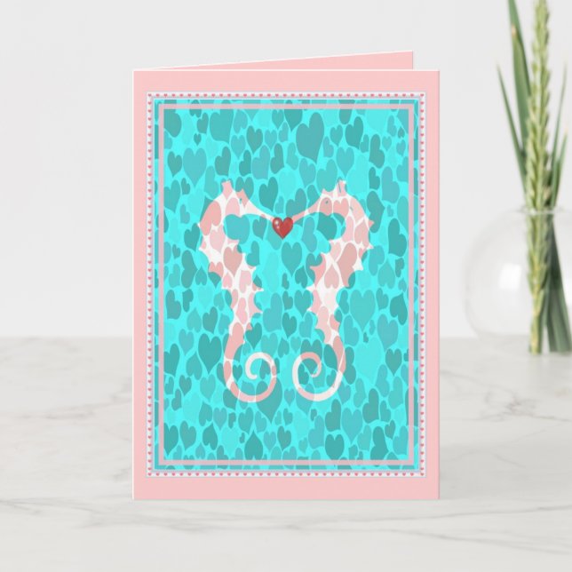 Cartes Pour Fêtes Annuelles Romantique Cute Seahorse Couple Coeurs d'amour (Devant)