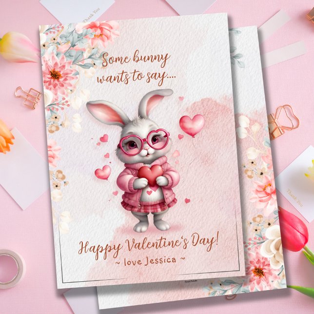 Cartes Pour Fêtes Annuelles Romantique Lapin Rose & Coeurs Saint Valentin (Romantic Pink Bunny & Hearts Valentine's Day Holiday Card)