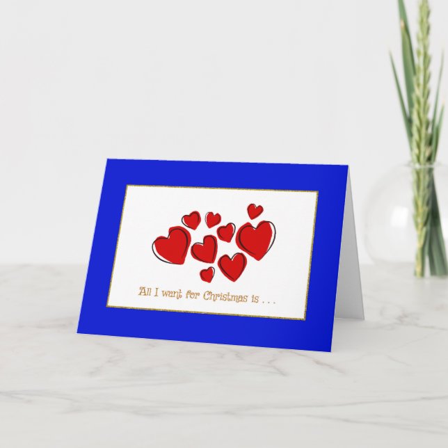 Cartes Pour Fêtes Annuelles Romantique Rouge amour Coeurs Bleu Frontière Noël (Devant)