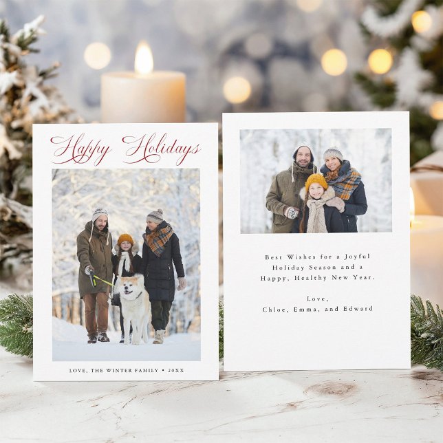 Cartes Pour Fêtes Annuelles Romantique Rouge Script Joyeux Vacances 2 Photo (Front & Back)