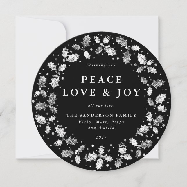Cartes Pour Fêtes Annuelles Ronde Black Holly Wreath Paix Amour + Joie (Devant)