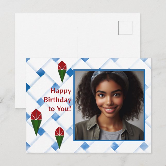 Cartes Pour Fêtes Annuelles Rose customisé tissage Art Rouge Bleu Vert (Devant / Derrière)