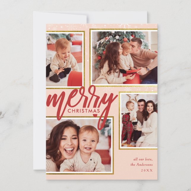 Cartes Pour Fêtes Annuelles Rose et rouge Joyeux Noël 4 Photo Collage (Devant)