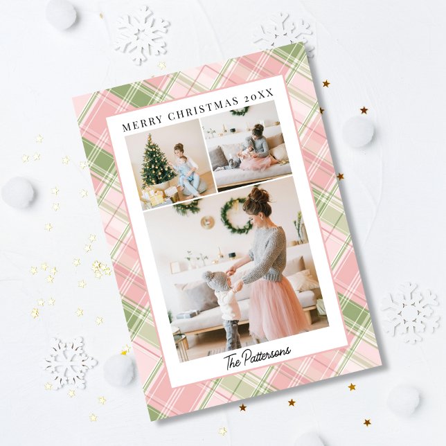 Cartes Pour Fêtes Annuelles Rose et Sage vert Plaid 3 Photo Noël (Créateur téléchargé)