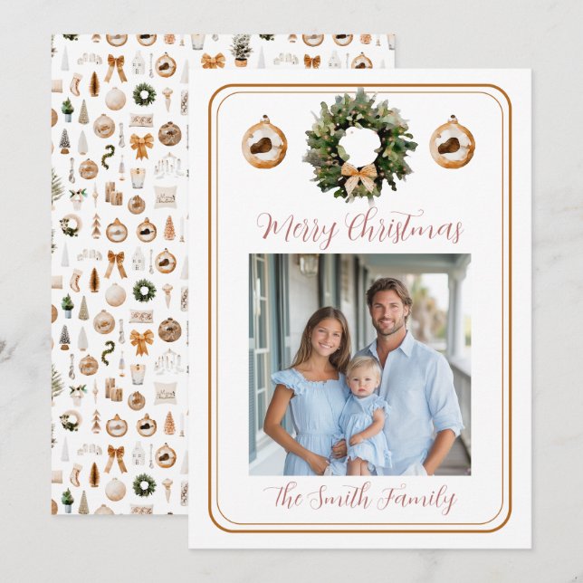 Cartes Pour Fêtes Annuelles Rose Gold Classic Wreath Grandmillennial Photo (Devant / Derrière)