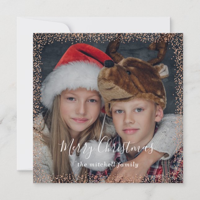 Cartes Pour Fêtes Annuelles Rose Gold Confetti | Joyeuse photo de Noël (Devant)
