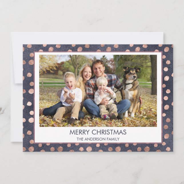 Cartes Pour Fêtes Annuelles Rose Gold Foil - Marine Blue Christmas Family Phot (Devant)