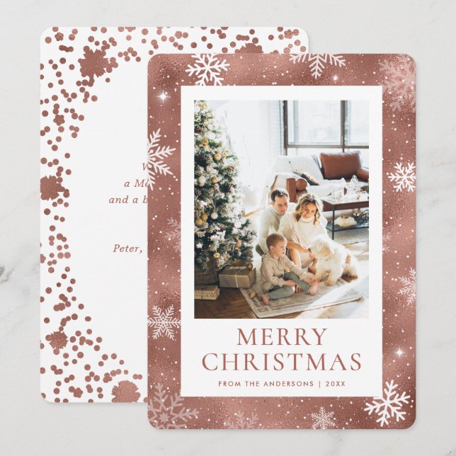 Cartes Pour Fêtes Annuelles Rose Gold Joyeux Noël Snowflake Photo de neige (Devant / Derrière)