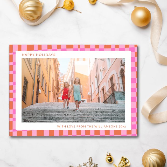 Cartes Pour Fêtes Annuelles Rose Orange Unique Rétro Damier Deux Photo  (Créateur téléchargé)