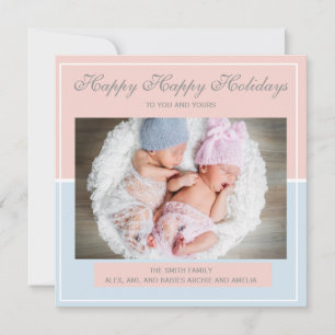 Cartes Pour Fêtes Annuelles Rose Pâle et Bleu Jumeaux Garçon Fille Photo Noël