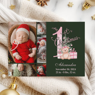 Cartes Pour Fêtes Annuelles Rose Vert Premier Noël Bébé 5 Photo