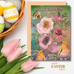Cartes Pour Fêtes Annuelles Roses rose Oiseaux jaunes Pâques