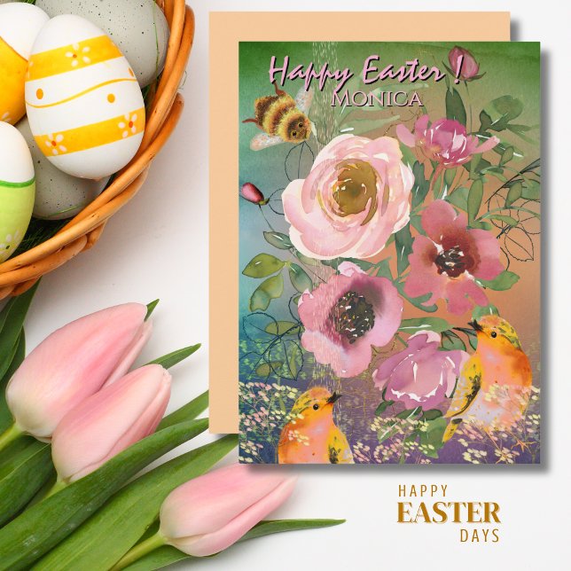 Cartes Pour Fêtes Annuelles Roses rose Oiseaux jaunes Pâques (Pink Roses Yellow Birds Easter Holiday Card )