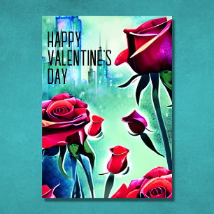 Cartes Pour Fêtes Annuelles Roses rouges modernes avec Cityscape Saint-Valenti