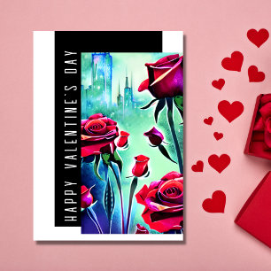 Cartes Pour Fêtes Annuelles Roses rouges modernes avec Cityscape Saint-Valenti