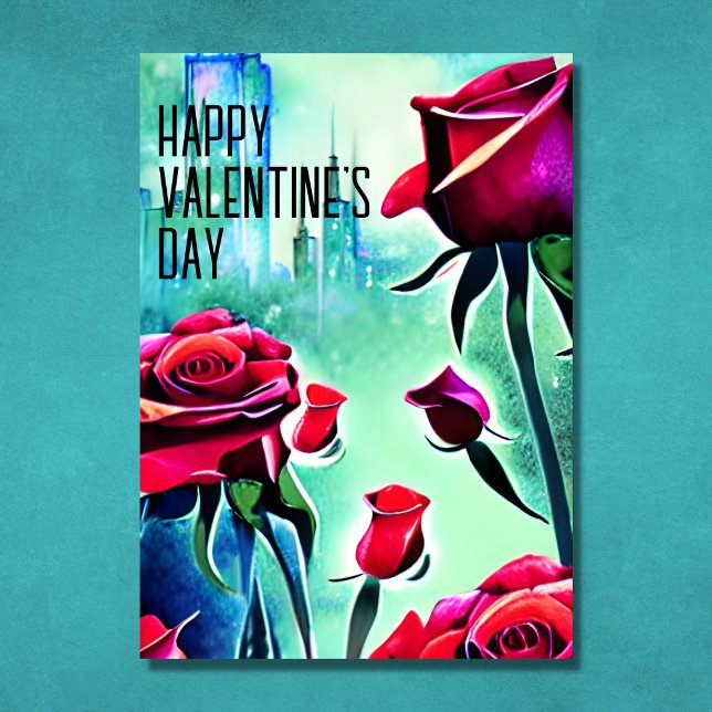 Cartes Pour Fêtes Annuelles Roses rouges modernes avec Cityscape Saint-Valenti (Créateur téléchargé)