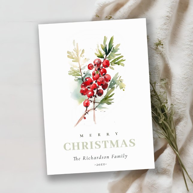 Cartes Pour Fêtes Annuelles Rouge Berry Fir hiver Folio hiver Aquarelle (Créateur téléchargé)